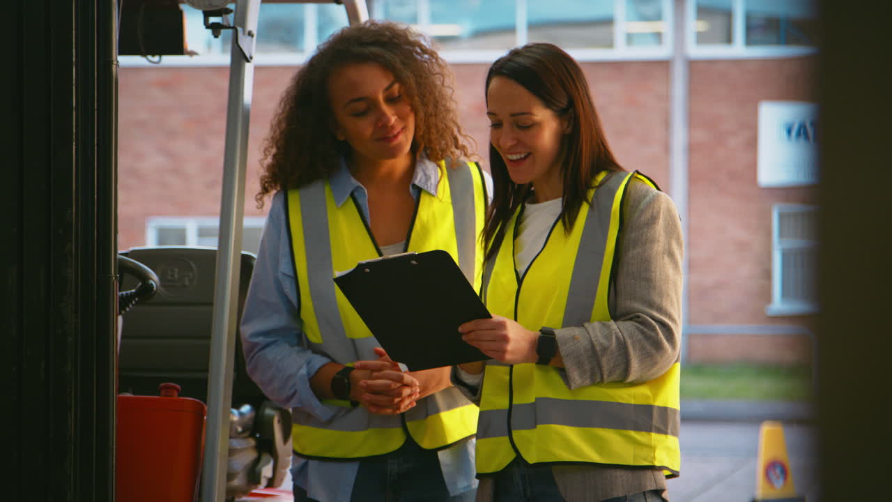 Female Manager With Clipboard In Warehouse With Female Worker Standing By Fork Lift Truck