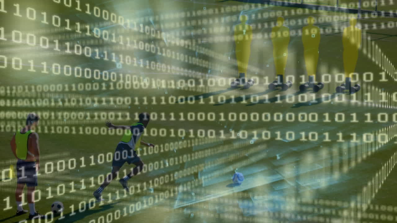 animación de codificación binaria y procesamiento de datos sobre jugadores de fútbol