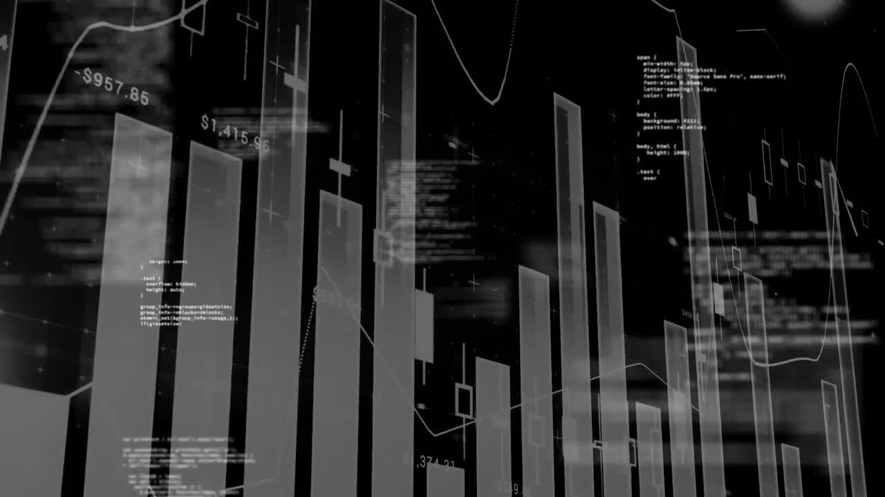 검은색 배경에 있는 데이터 처리 및 다이어그램의 애니메이션