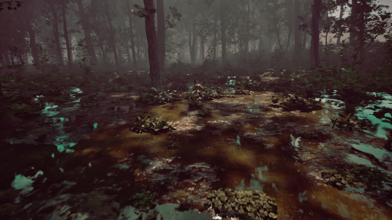 misterioso pantano de bosque con niebla