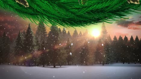 Christmas-wreath-decoration-over-snow-falling-on-multiple-trees-on-winter-landscape