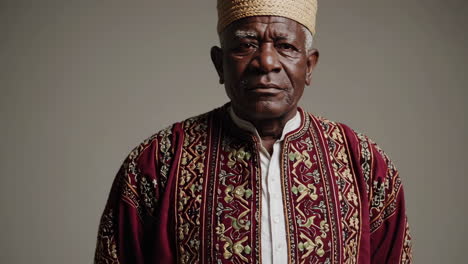 portrait of an elderly man in traditional embroidered attire and straw hat