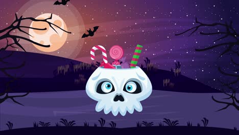 feliz escena animada de halloween con caramelos de cráneo por la noche