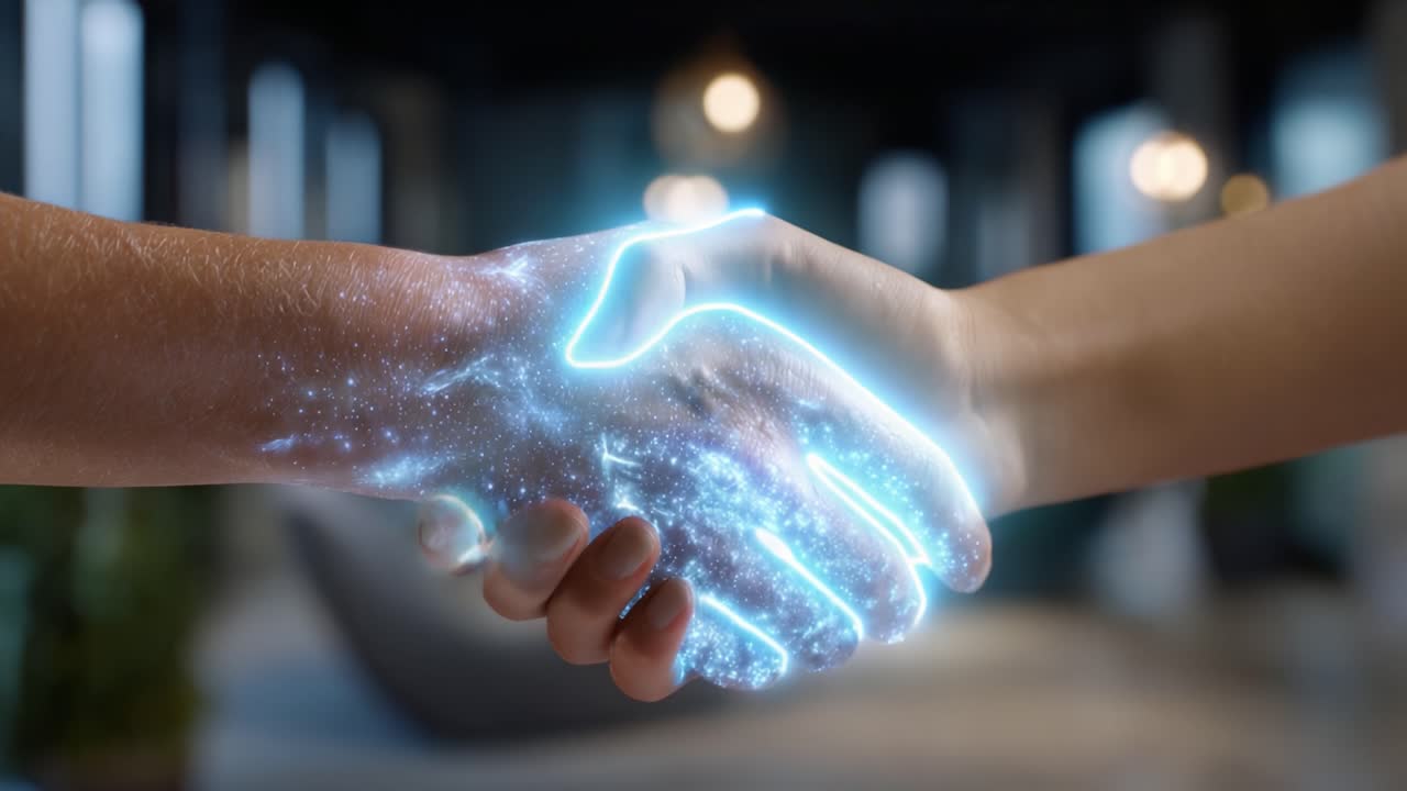 A captivating handshake showcasing unity and connection, blending digital elements with human interaction in a visually striking and futuristic ambiance