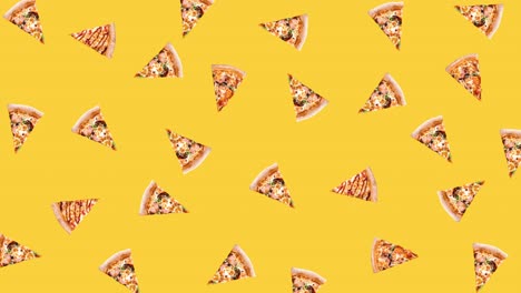 animación de bucle sin costuras de rebanadas de pizza de pepperoni que se mueven sobre un fondo amarillo, concepto de comida rápida para publicidad con espacio de copia