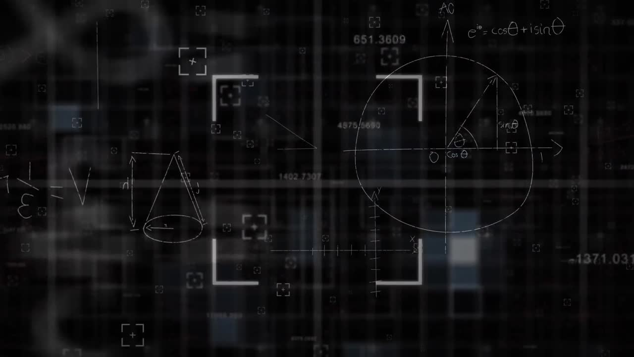 Animation of scope scanning over mathematical equations and formulas against black background