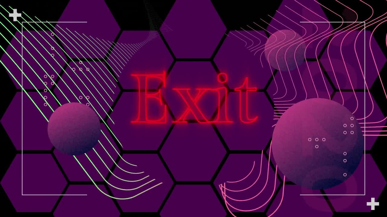 Animation of exit text in red neon, spheres and parallel lines over purple hexagon grid