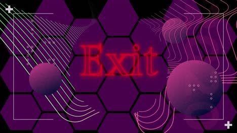 animation of exit text in red neon, spheres and parallel lines over purple hexagon grid