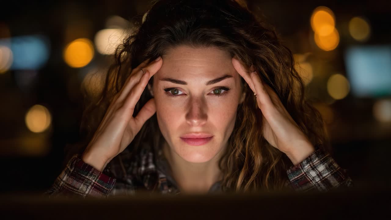 A Focused Woman Contemplates Her Thoughts Intensely While Staring at a Computer Screen in a Dimly Lit Space Filled with Ambient Lights