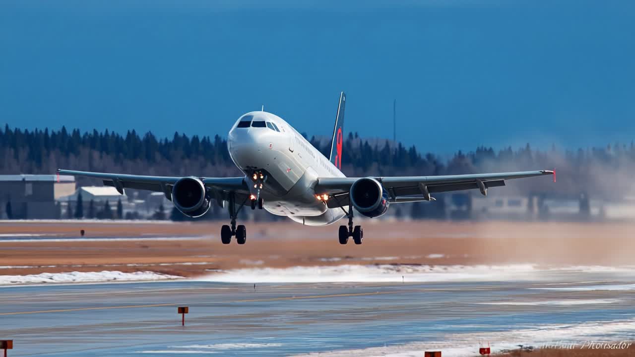 A High-Flying Aircraft Performing a Dramatic Takeoff, Showcasing Stunning Aerodynamics Amidst a Chilly Environment with Clear Sky and Snowy Runway Conditions
