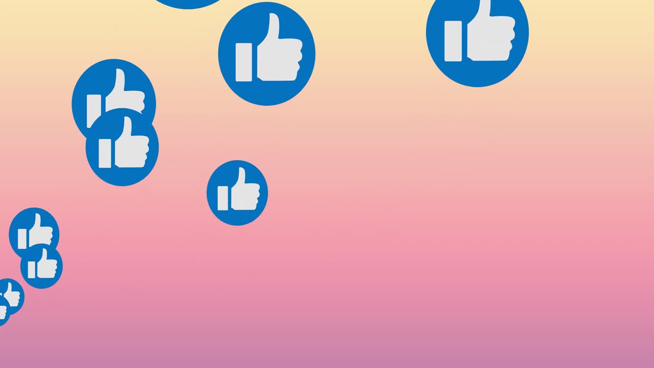 Animazione digitale di diverse icone "Mi piace" su un banner rotondo blu che fluttuano su uno sfondo sfumato.