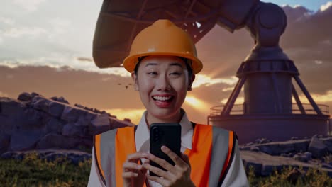 close up of asian female engineer with safety helmet using smartphone and looking around while standing with large satellite dish