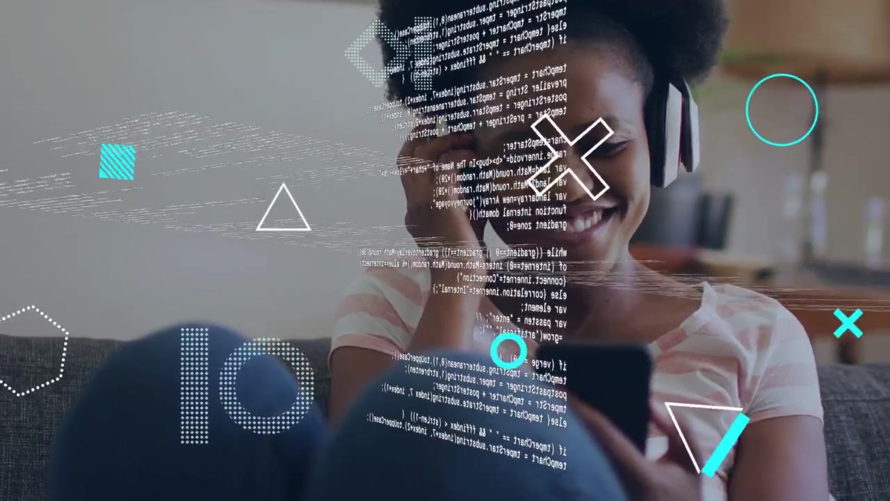 Vertical video: Tapping phone, woman in striped tee, jeans on couch with headphones, code appearing