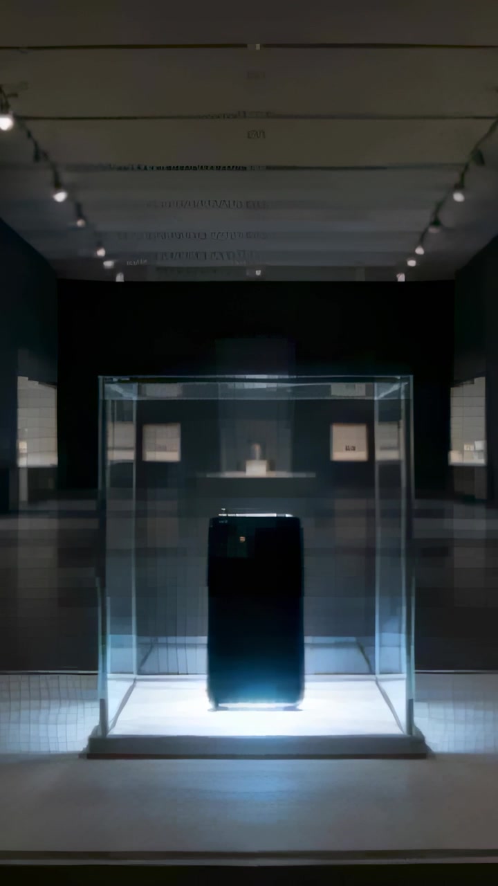 Vertikales Video: Zurückfahrende Kamera zeigt dunkles, blau leuchtendes Smartphone in Glasvitrine im Museum.