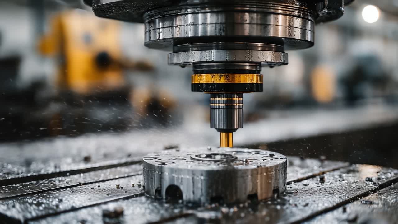 Ingénierie de précision en action : Vue rapprochée d'un outil de coupe usinant une pièce métallique dans un cadre industriel moderne.