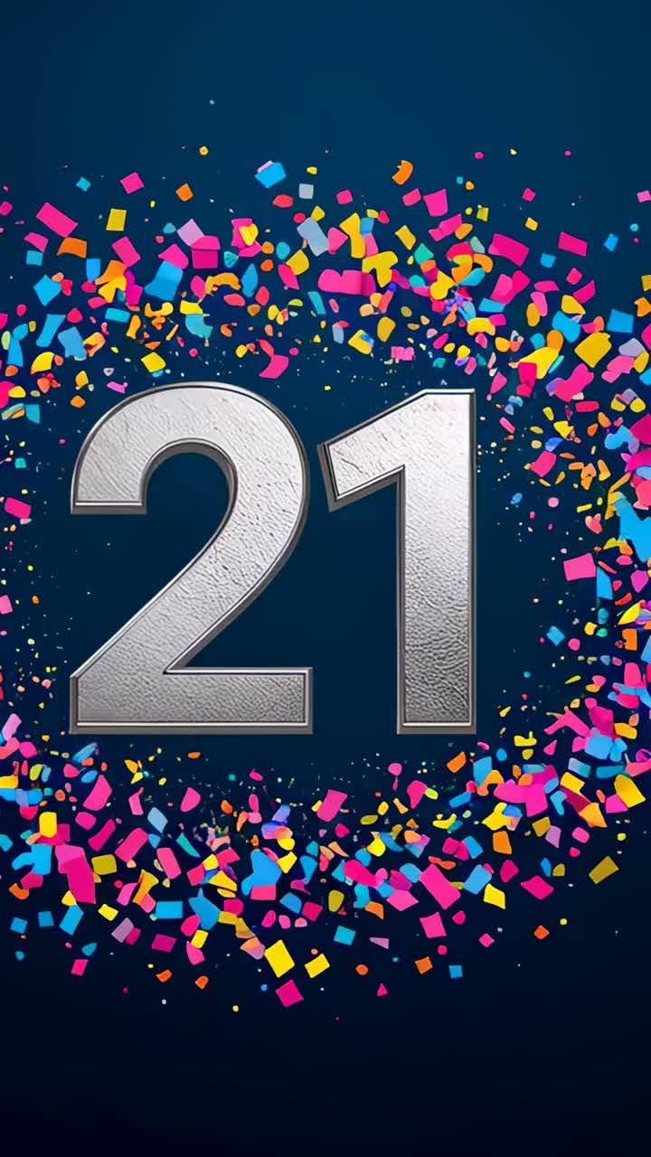 Vertical video: Starting animation sending confetti outward on navy backdrop, revealing silver 21