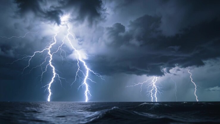 Un fulmine colpisce a sinistra, un gruppo di fulmini illumina le nuvole e si riflette sul mare mentre una tempesta si sta formando.