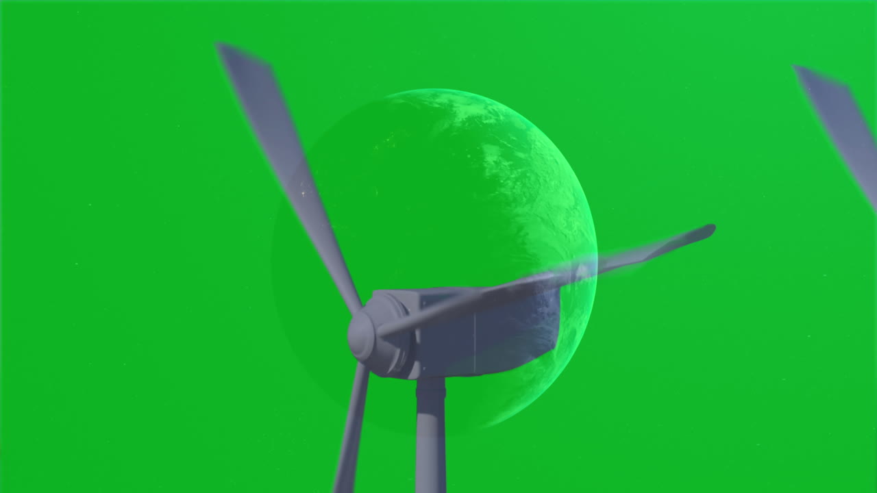 녹색 배경을 배경으로 회전하는 풍차 위에서 주식 시장 데이터 처리의 애니메이션