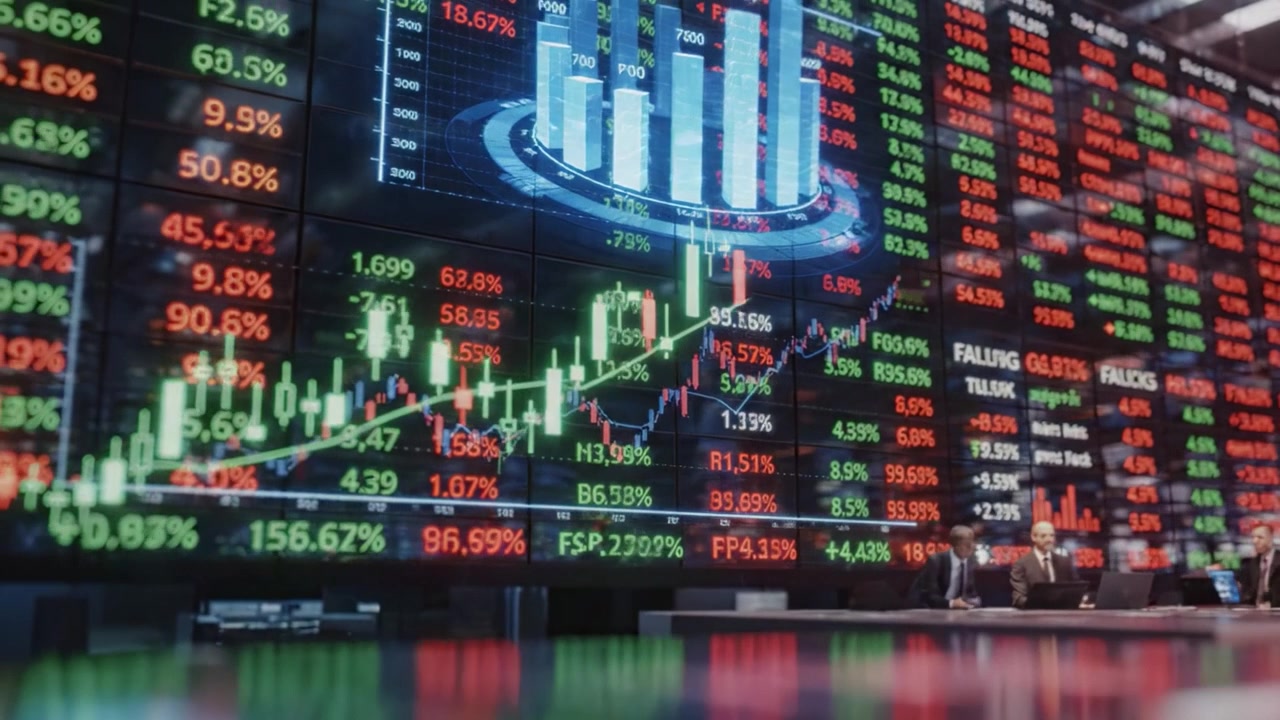 Analisi delle Tendenze del Mercato Azionario: Approfondimenti Visivi da una Sala di Contrattazione con Grafici e Dati in Evoluzione, Catturando i Movimenti del Mercato e i Sentimenti degli Investitori