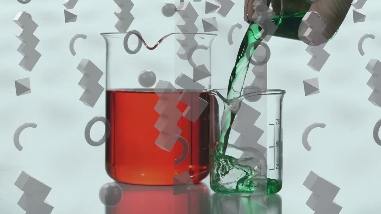 animación de filas de formas blancas sobre un científico vertiendo líquido en un vaso de laboratorio