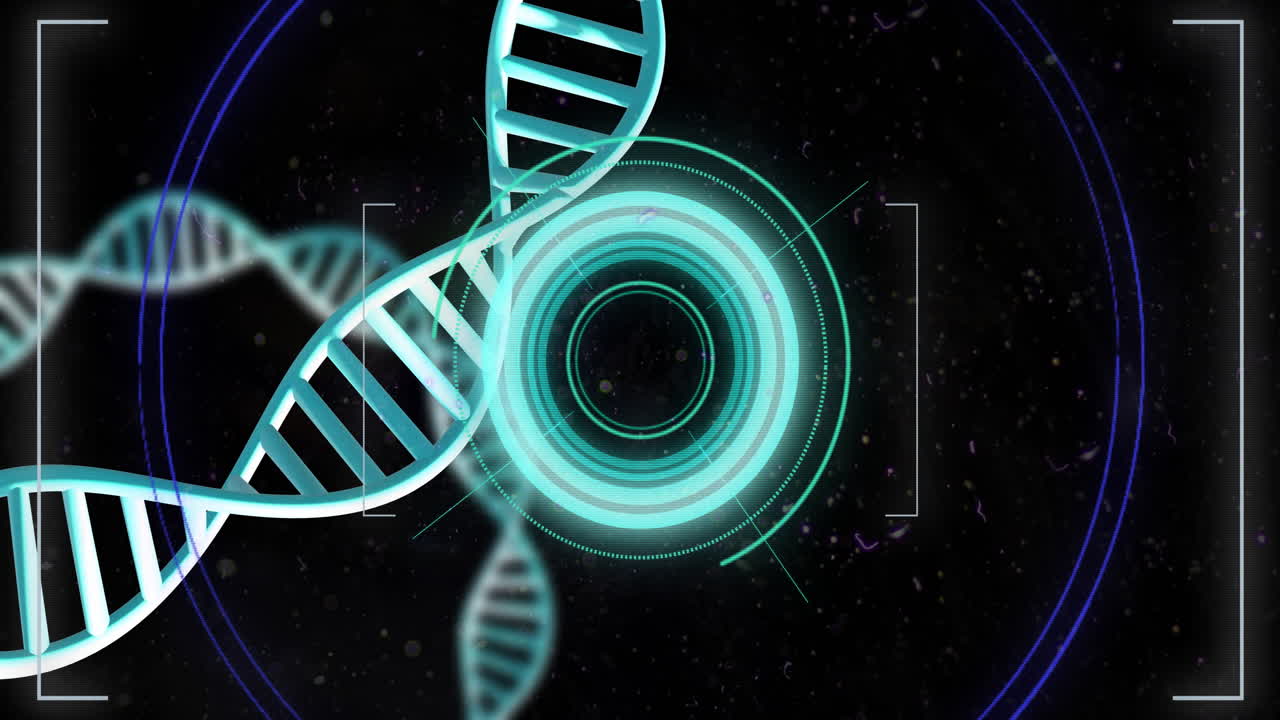Animation of dna strands spinning with data processing over black background
