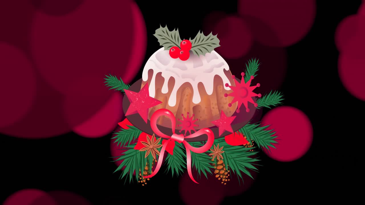 animación de pudín de navidad con decoraciones en fondo negro.