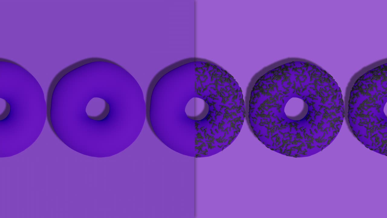 cinemagraph de rosquillas rociadas con esmalte violeta en un fondo abstracto