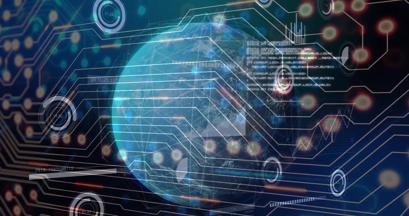 Animation of data processing and globe over network of connections