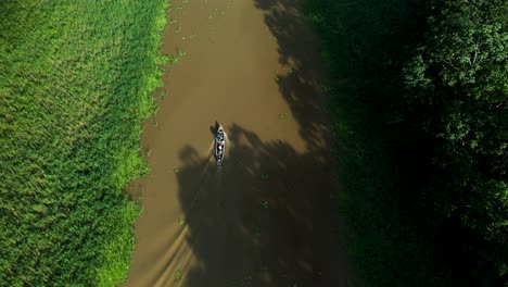 people exploring the amazon river on a boat in peru - aerial
