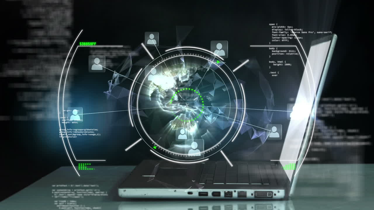 노트북을 가진 코카서스 사업가 위의 지구로 데이터 처리의 애니메이션