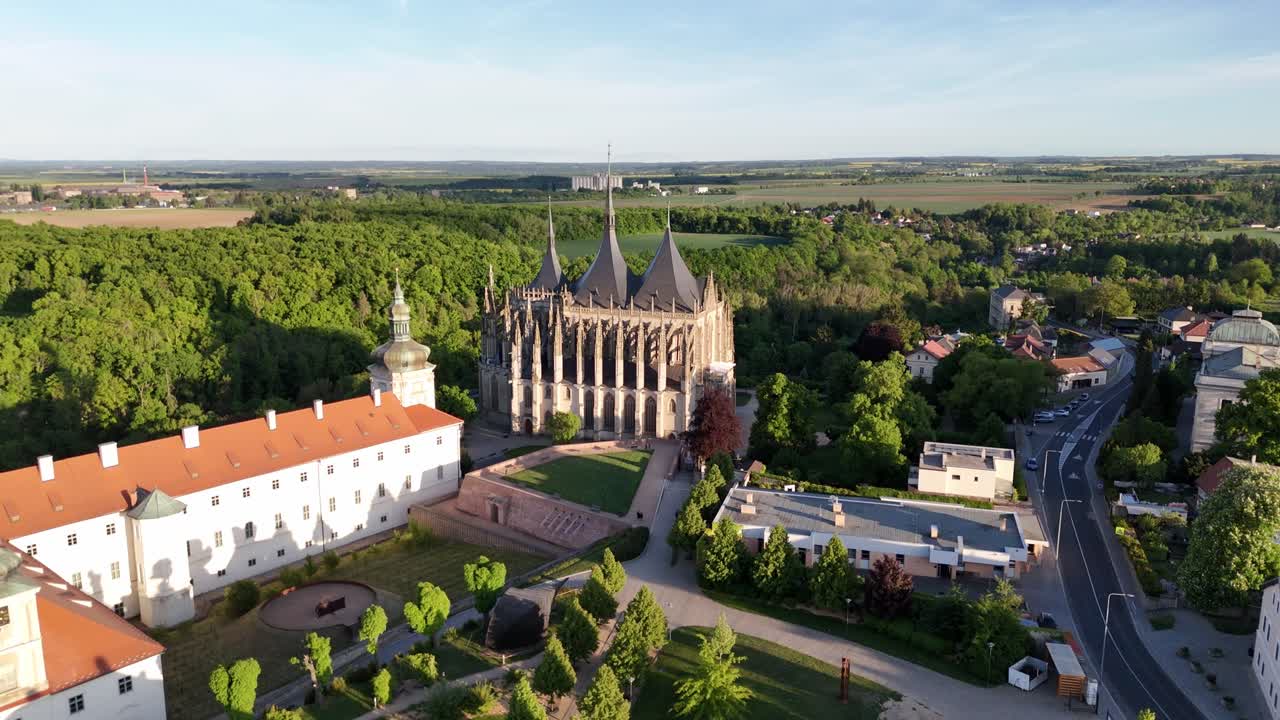 Saint Barbara Cathedral seen from above with old town and countryside surroundings in view