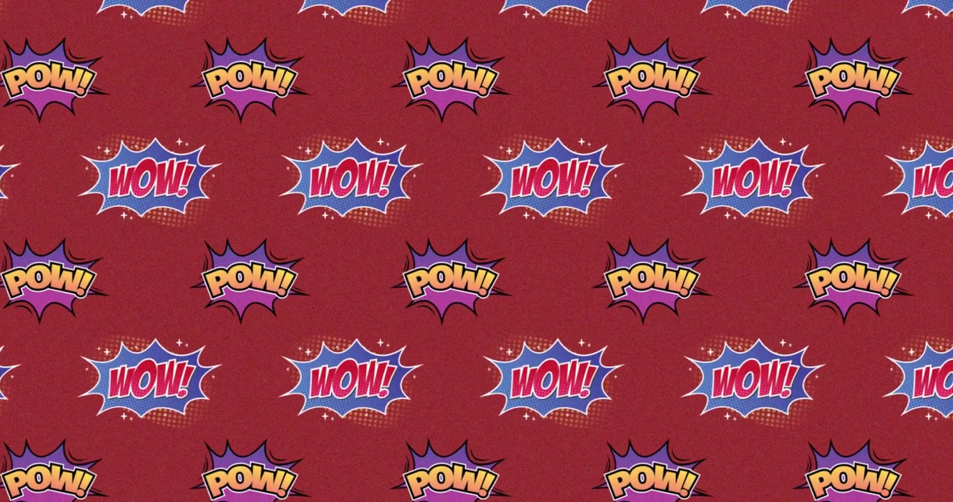 Animasjon av flere tegneseriebobler med WOW og POW skrevet i gult og rødt på en rød bakgrunn