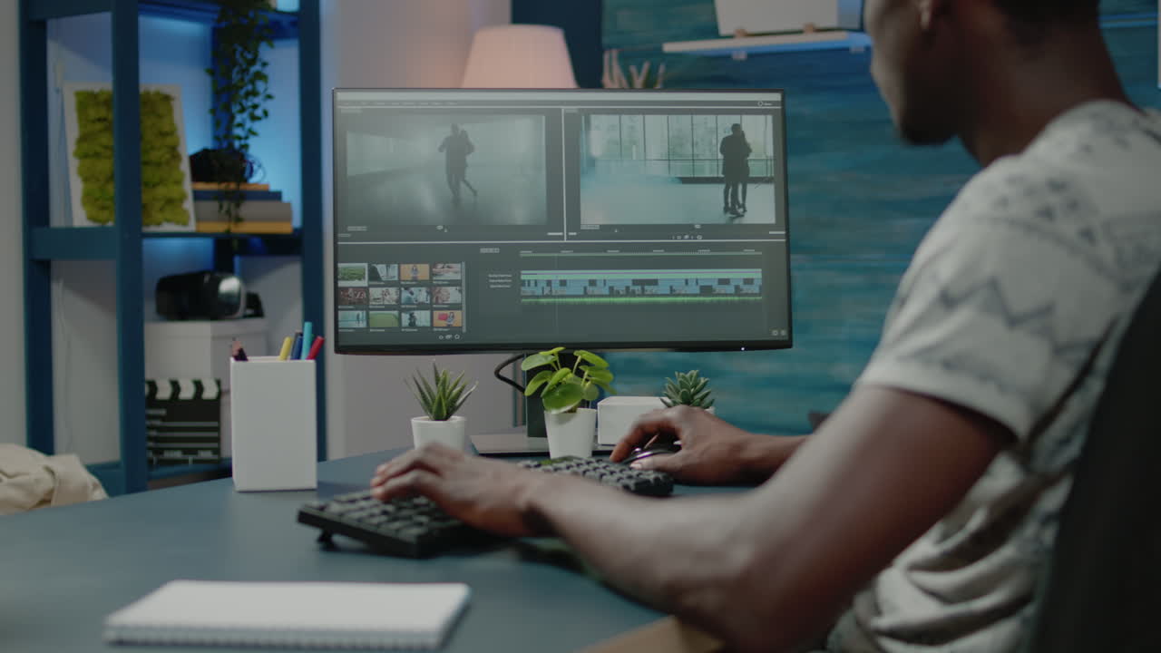 Videographer doing editing work for video montage on computer