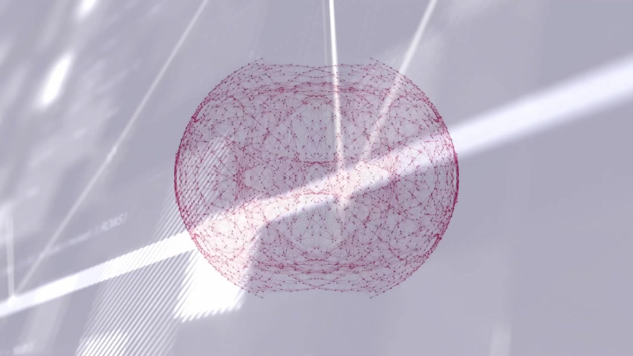 Globo rosso a wireframe che appare, poi ruota, si divide e un grafico bianco si incrocia per mostrare il flusso di rete.