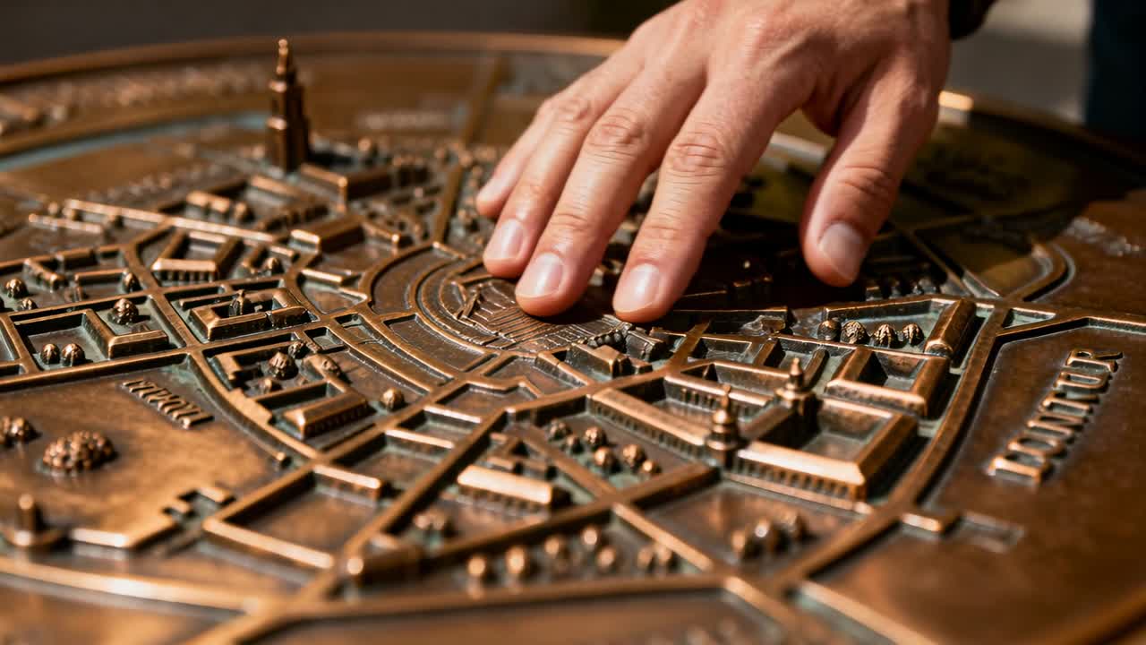 Mano destra con polsino che si estende verso l'alto a destra, tracciando una mappa tattile in bronzo su un tavolo da museo per esplorare la disposizione.