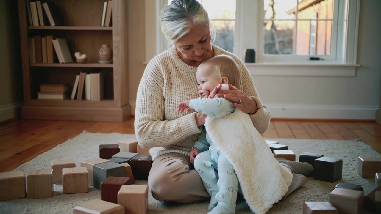 Grand-mère berçant, stabilisant et apaisant un bébé, tandis que le bébé tend le bras sur le tapis à la maison, avec des blocs et une fenêtre.