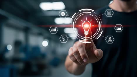 man touching a glowing light bulb icon representing creative ideas and innovation