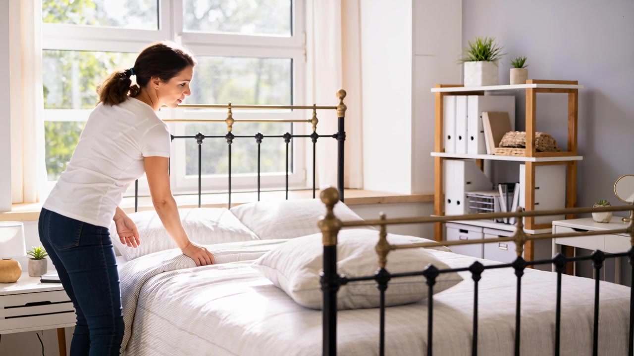 Người phụ nữ thức dậy mặc áo phông trắng và quần jean đang dọn giường ở nhà, vỗ gối, chỉnh chăn, có không gian trống.