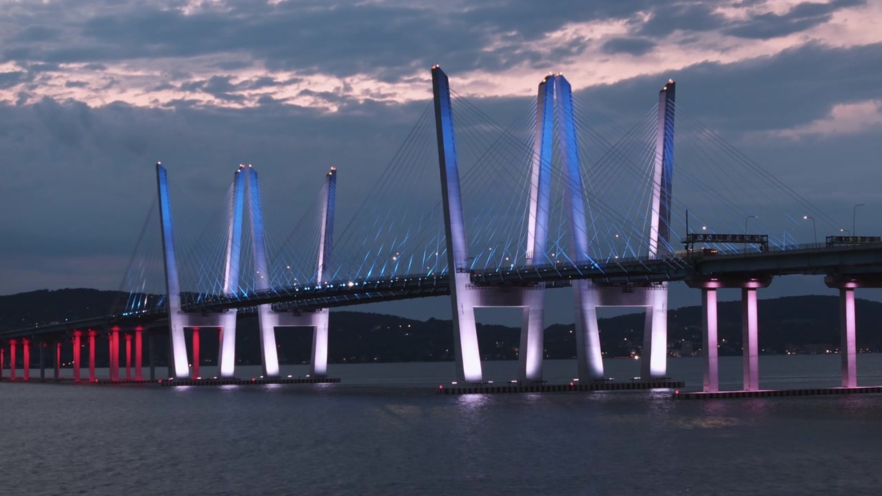 Aerial view of The Tappan Zee Bridge at night. Shot at dusk in Tarrytown.