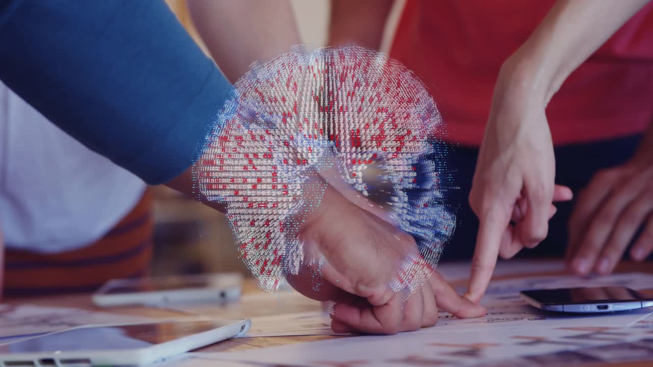 Tapping phone projecting 3D globe above table while team interacting with display for data analysis