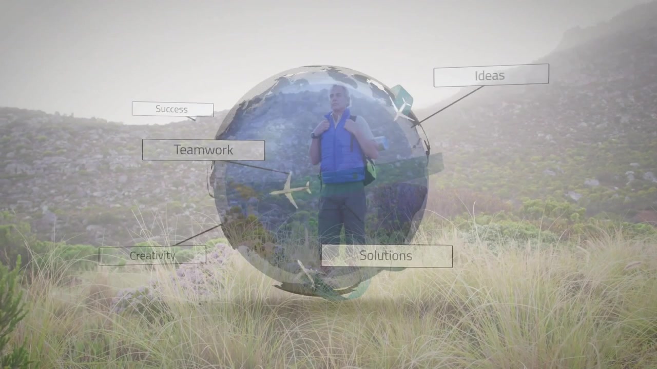 Escursionista che osserva una collina e attiva un globo che svanisce, rivelando richiami alla tecnologia aziendale.
