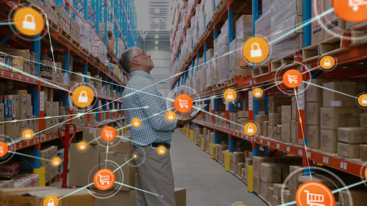 animación de una red de conexiones con iconos sobre un trabajador caucásico en un almacén