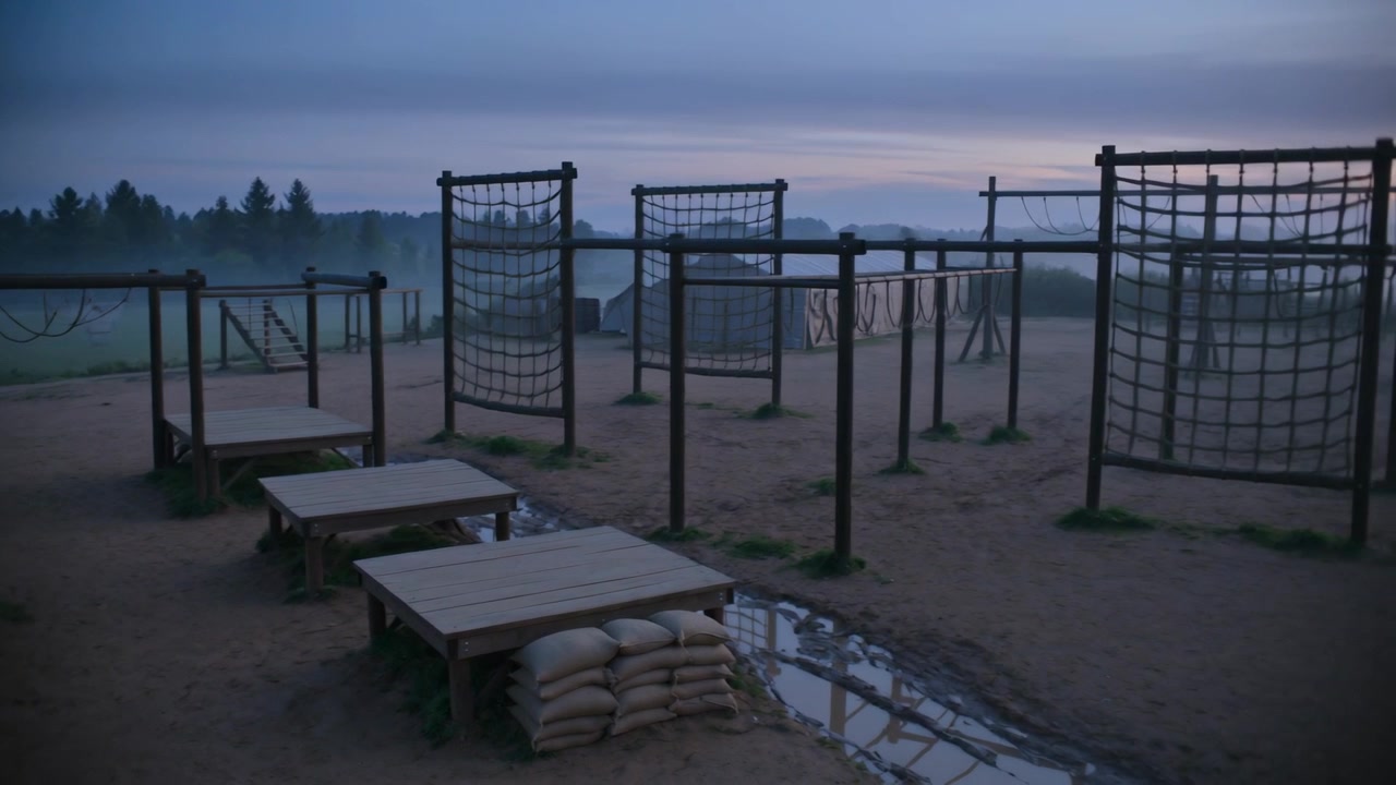 Sitting wooden obstacle course empty at dawn as horizon lightening, showing sandbags and puddle