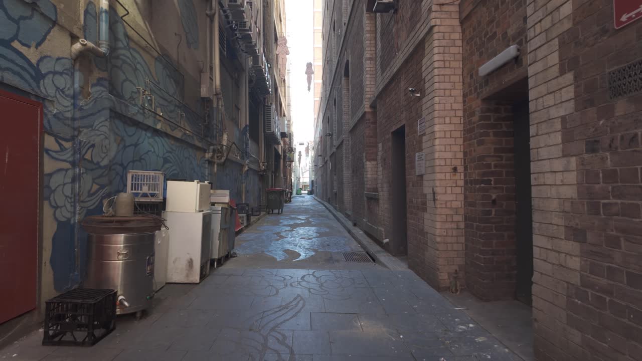 POV shot walking through a narrow alley in Chinatown, Sydney, Australia, showcasing vibrant street life, cultural atmosphere, and unique architecture.