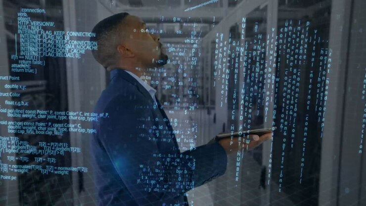 Animation of data processing over businessman using tablet in tech room with computer servers