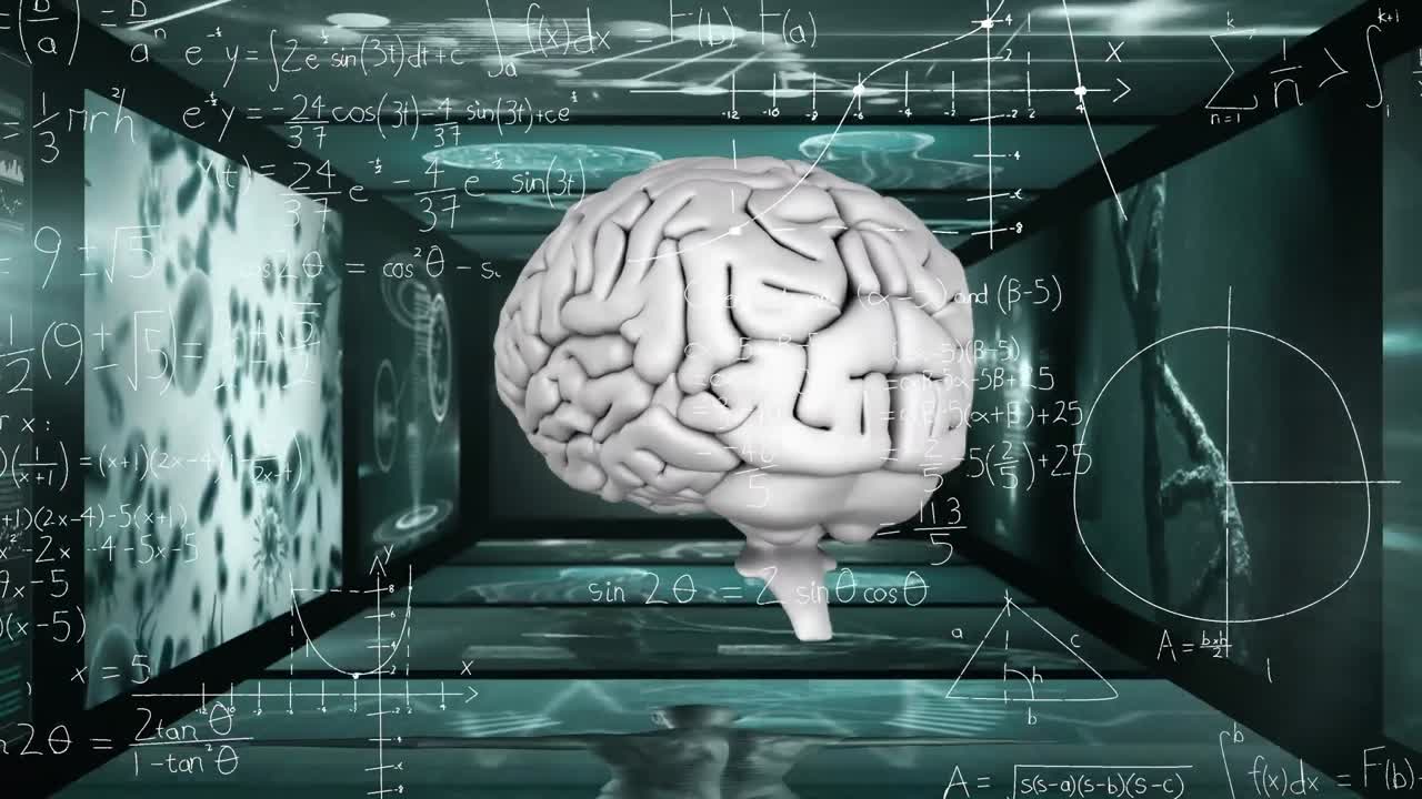 Animation of human brain and data processing over screens in background