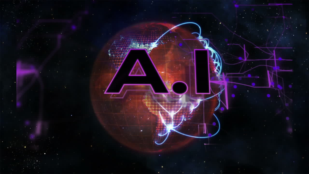 animación de un texto, red de conexiones en todo el mundo.