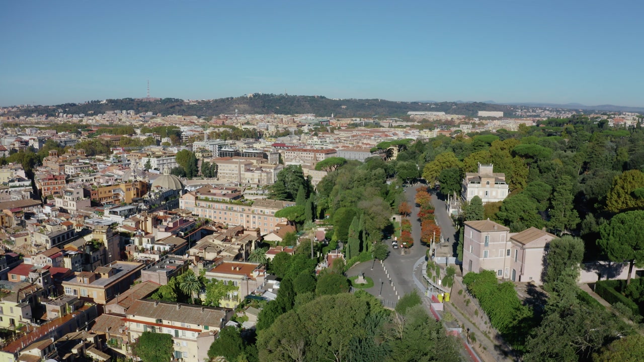 Drone View of Rome a UNESCO World Heritage Site with Green Parkland and Residential Districts. Scenic View of Historic Italian Capital with Tree Lined Roads and Mediterranean Architecture.