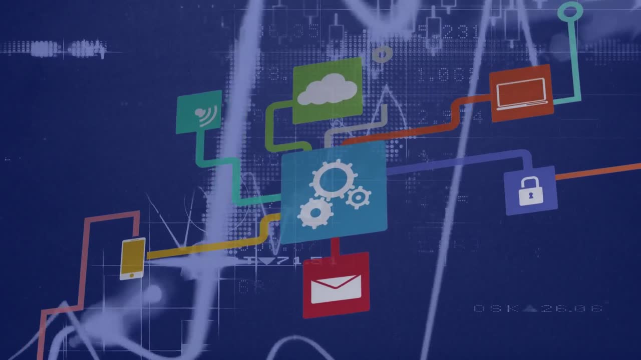 Animation of data processing and network of connections with icons on blue background