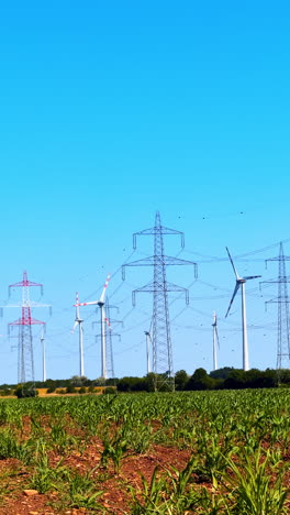 electricity power lines and wind farms in the agricultural field. wind turbines and electric towers at the backdrop of blue clear sky. vertical video.